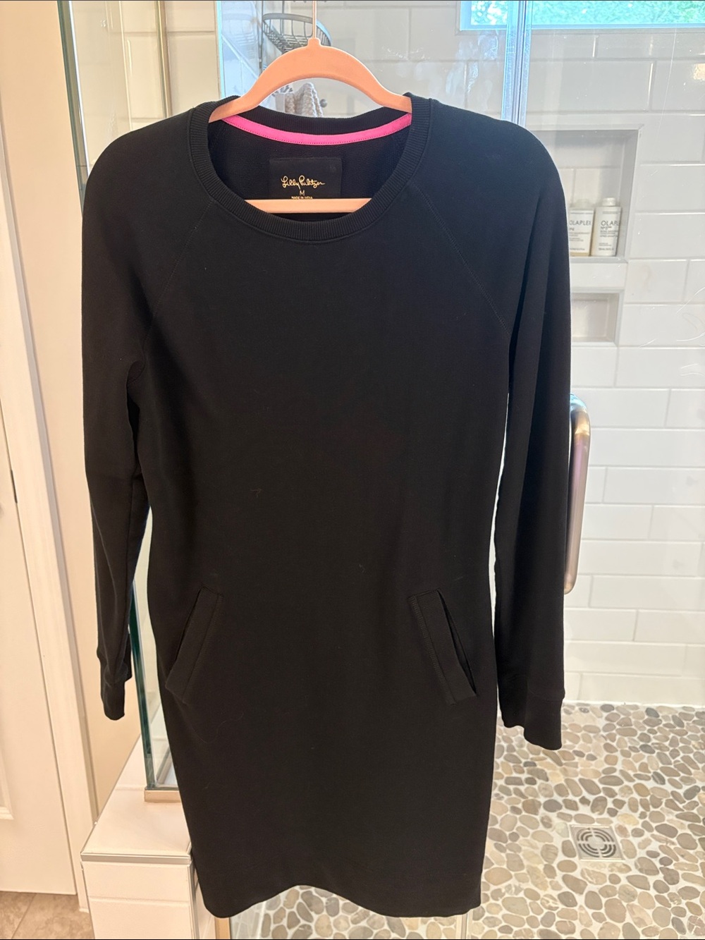 Lilly Pulitzer Black Long Sleeve Sweatshirt Dress with Pink Neck Trim